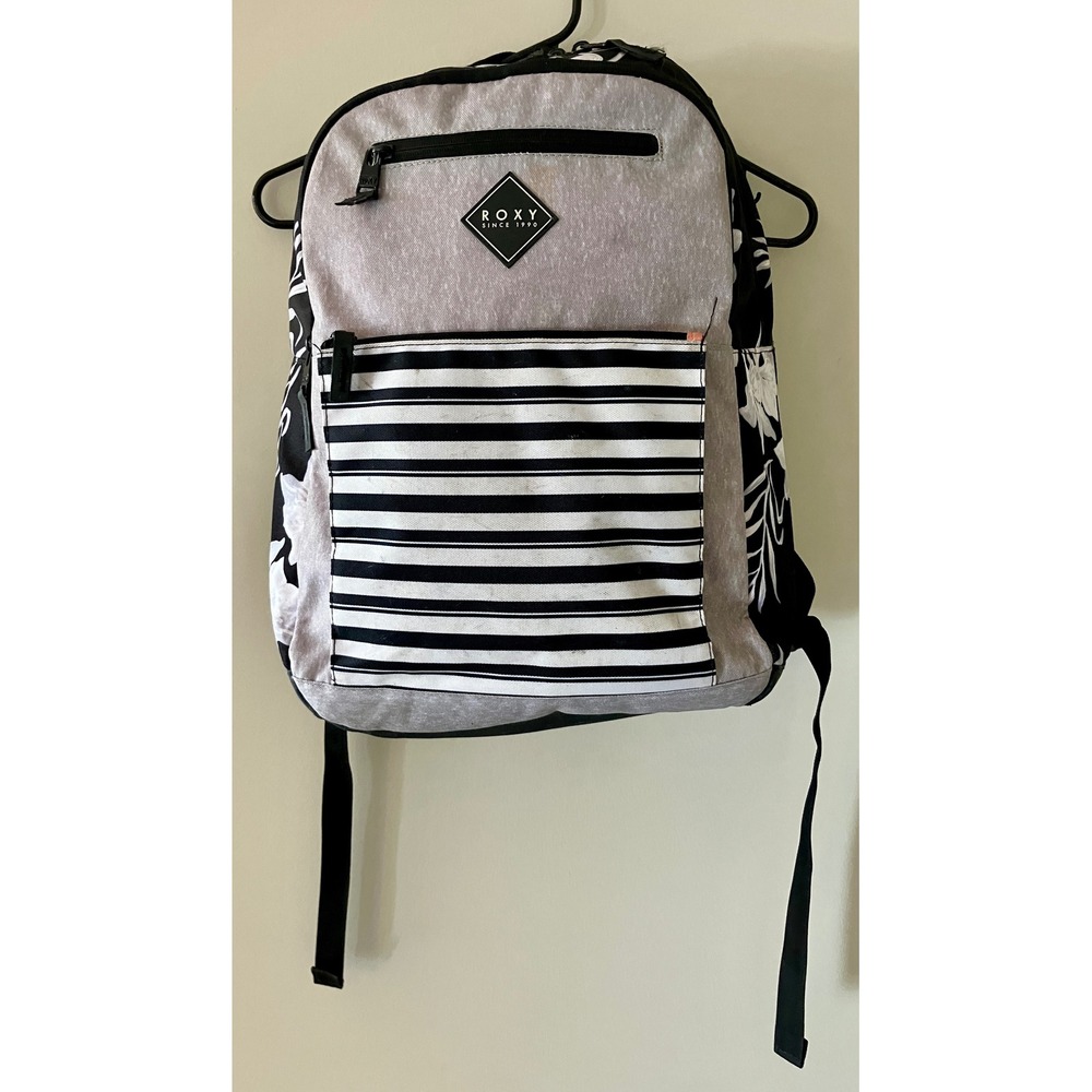 Roxy Backpack Grey Striped Floral Tropical Surf School Bag Black White